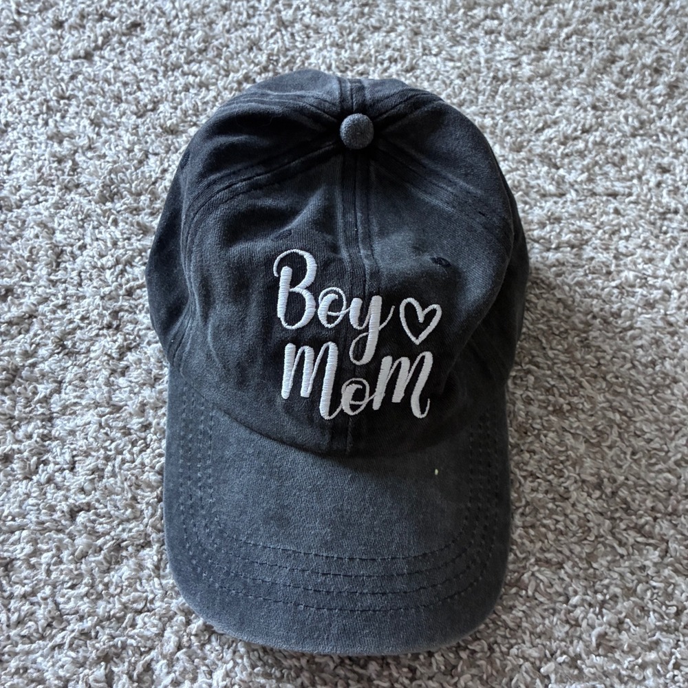 Womens Boy Mom Heart Embroidered Baseball Cap Washed Charcoal Gray Cotton Hat
